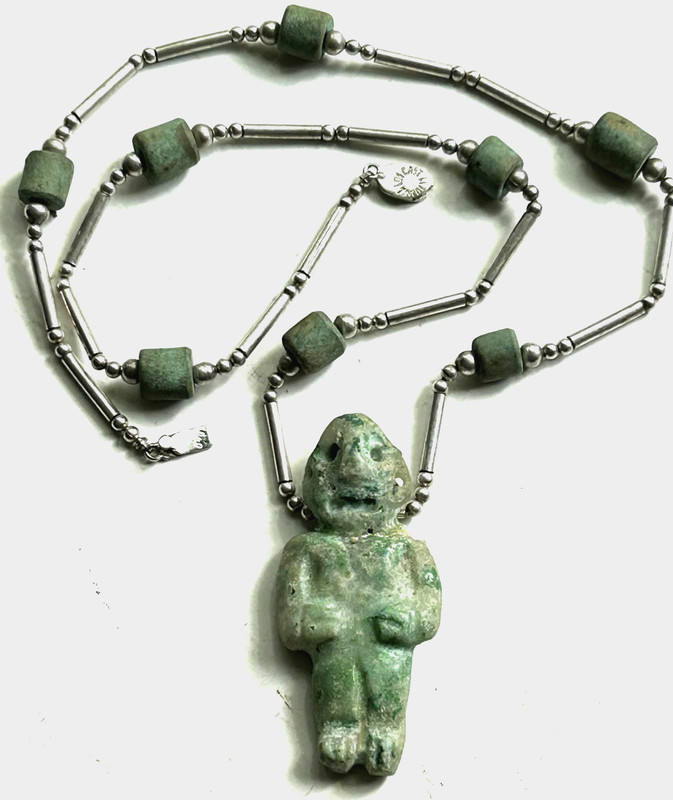 LOS CASTILLO ARTIFACT Necklace + Pre-Columbian MAYAN JADE FIGURE Mexico Sterling