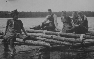 1920s Lake Outing Makeshift Log Dock Pretty Women Fashionable Attire Sunny Day