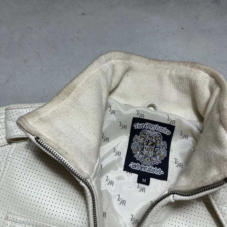 Vintage 90s Embellished Leather Jacket Womens M Cream Riding Moto Live Mechanics - Image 3 of 4