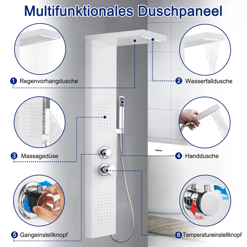 Duschsäule Duschpaneel Wasserfall Badarmatur Dusch Regendusche Massage Mattweiß - Bild 3 von 4