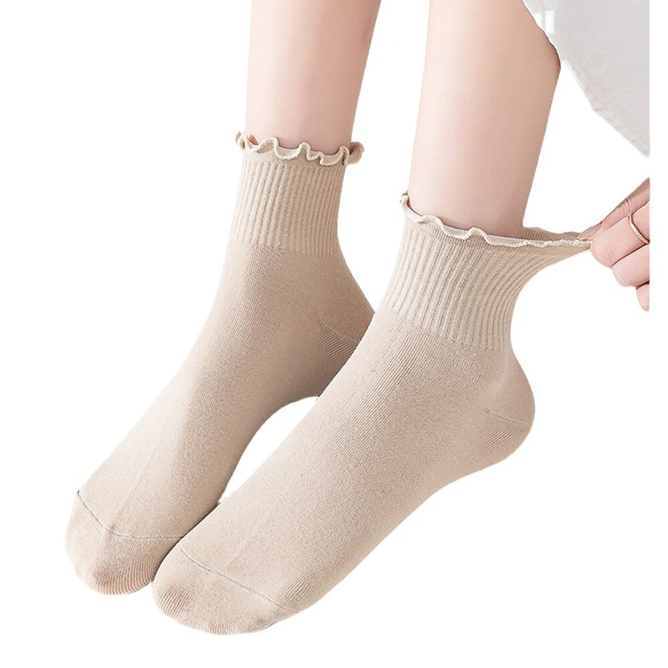 5 pares de calcetines tobilleros lisos de algodón con borde de volantes de verano para mujer YX24210 Foto 4 de 4