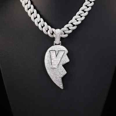 3 Ct Baguette Round Natural Moissanite Custom Broken Heart Letter Pendant Silver