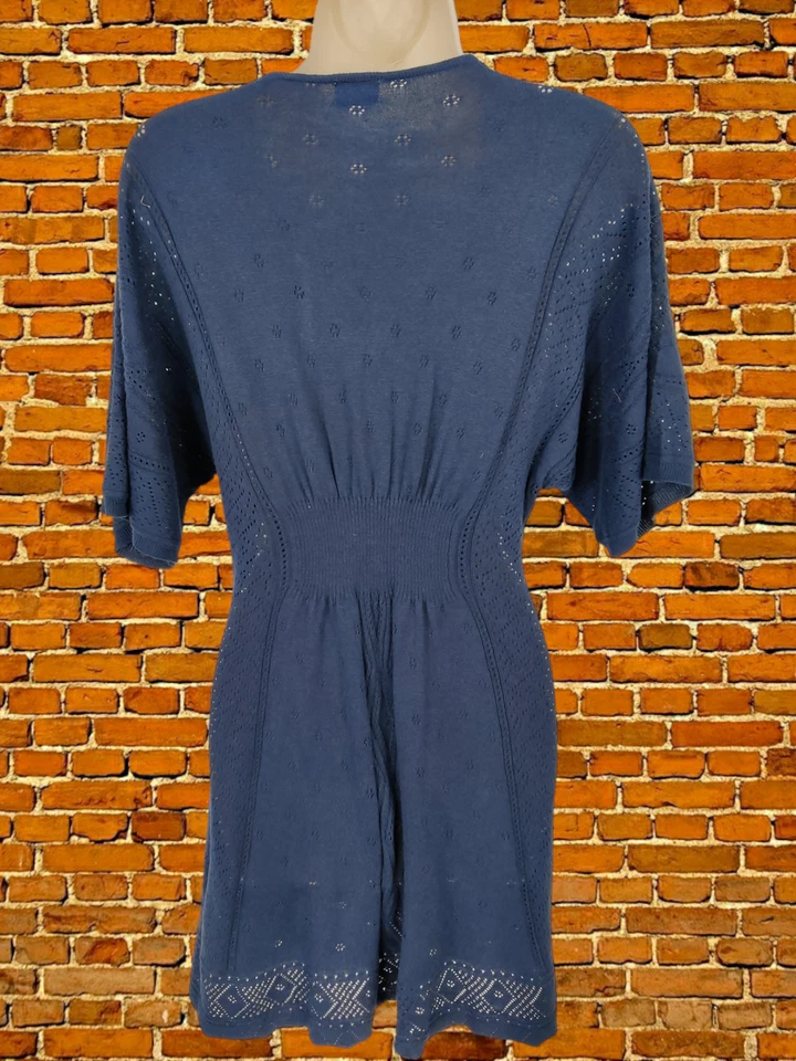 WOMENS OASIS UK 10 NAVY POINTELLE KNIT LONG SHORT SLEEVE TUNIC JUMPER/MINI DRESS - Image 2 of 3