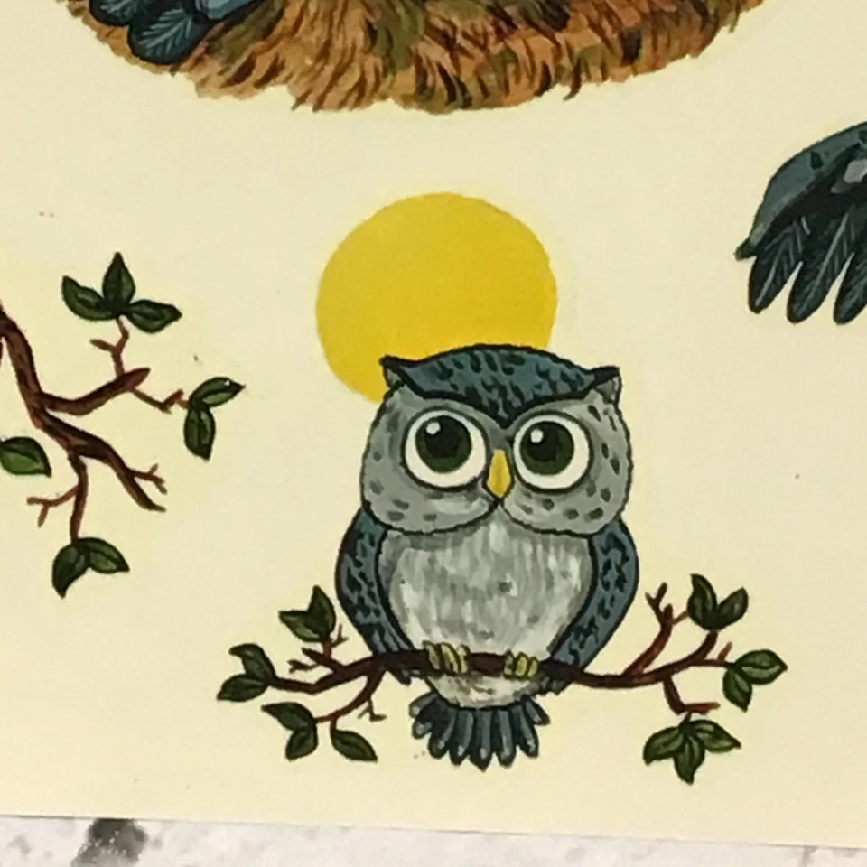 Calcomanías artesanales decorativas vintage Meyercord lindo búho gris hoja completa #1530-H Foto 3 de 4