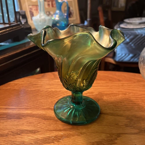 GREEN  Westmoreland Glass ......Carnival Glass Leaf Swirl Ruffled Compote