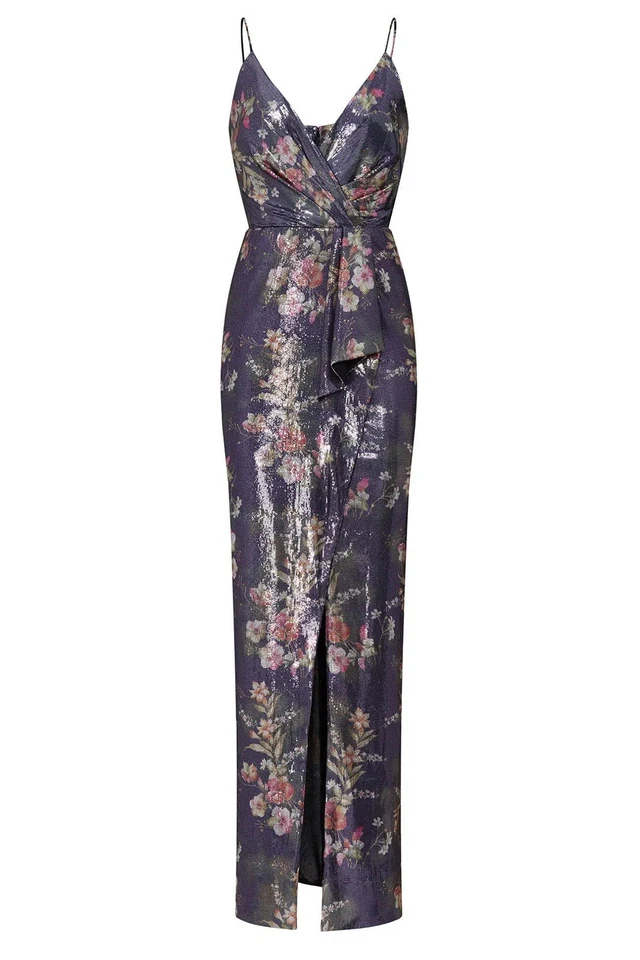 ML Monique Lhuillier Sequin Surplice Floral Maxi Gown Formal Black Tie Prom 10 - Image 3 of 4