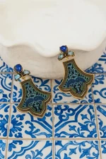 Peacock Bird Earrings Fleur De Lis Tile Flower VTG Gold Palace Court Antique CZ