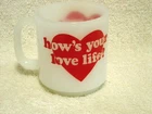 Vintage Glasbake " How's Your Love Life?" Milk Glass Mug Cup Red Heart EUC