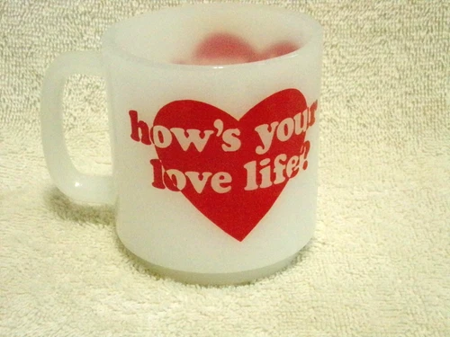 Vintage Glasbake " How's Your Love Life?" Milk Glass Mug Cup Red Heart EUC
