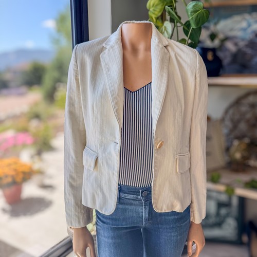 Vintage Banana Republic creme gestreift Tweed Strick Blazer Schulterpolster, Damen 6 - Bild 11 von 11