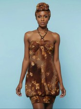 Shein Women Retro Floral Flocked Beaded Halter Mini Dress | Black