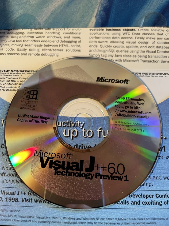 Microsoft Visual J++ 6.0 Technology Preview 1 Software Disc CD 1998 - Image 4 of 4