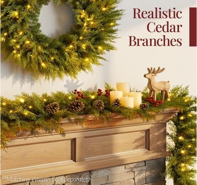 Pre-Lit Cedar Cypress Christmas Garland LED Lights 9Ft Realistic Indoor 10255