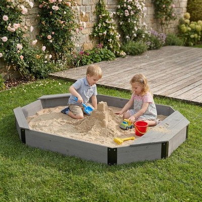 Octagon Sandbox with Storage for Kids, Solid Wood Sandpit with Cover and Liner