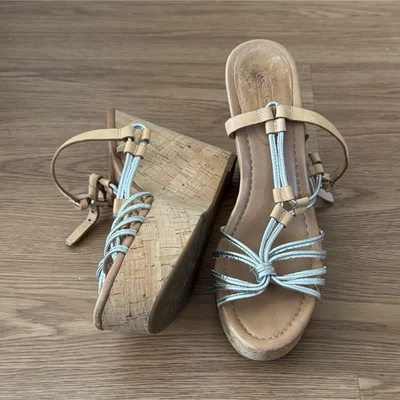 Coach Strappy Wedge Sandals Leather Beige Silver Buckle Ankle Strap 8.5B - Image 1 of 4