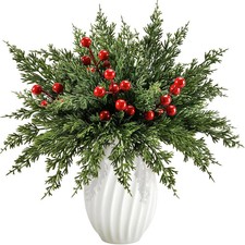 45PCS Artificial Christmas Pine Branches with Red Berry Stems