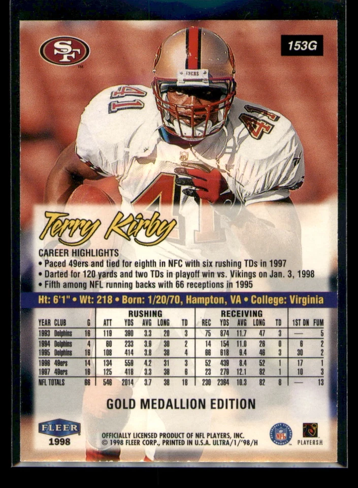 1998 Ultra #153G Terry Kirby Gold Medallion - Image 2 of 2