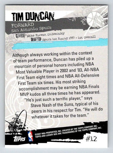 2006-07 Topps Luxury Box #12 Tim Duncan (ref 199986) - Picture 2 of 2