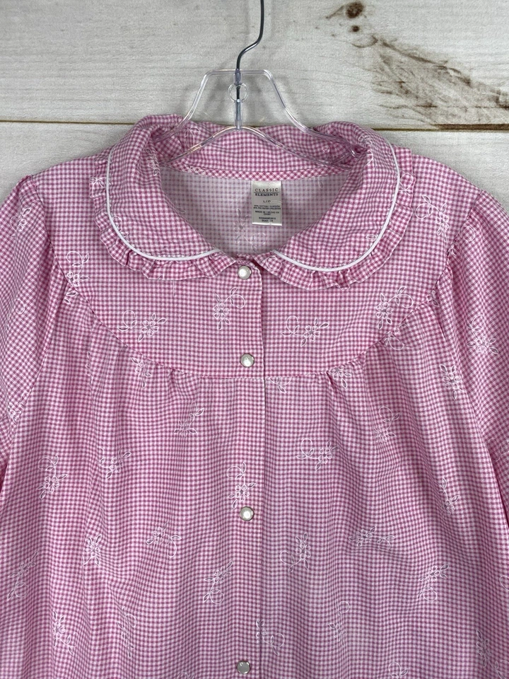 CLASSIC ELEMENTS Nightgown Womens L Pink Checkered Floral Pearl Snap Vintage - Image 2 of 4