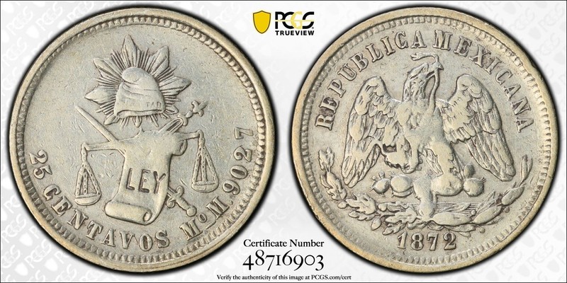 1872 Mo M Mexico 25 Centavos Silver Coin Mexico City Mint PCGS XF40