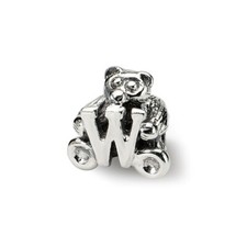 Letter W Teddy Bear Kids Bead .925 Sterling Silver Antiqued Reflection Beads