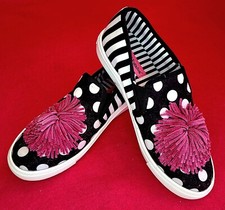 BETSEY JOHNSON Black  White Stipe  Dot Slip On PINK POM 7 - 7.5 NWOB FUN CUTE