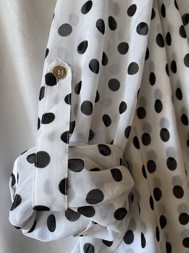 bebe WOMEN'S XS White Black Polka Dot Wrapped Blouse, Roll Tab Sleeves, NWOT - Picture 8 of 18