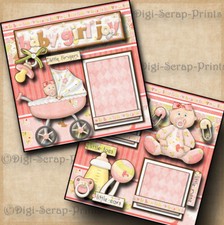 BABY GIRL JOY  2 pre-made scrapbook pages paper piecing layout DIGISCRAP A0058