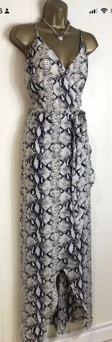 QUIZ STUNNING CREAM SNAKESKIN MOCK WRAP TIE DRESS SIZE 12 14 SUMMER HOLIDAY