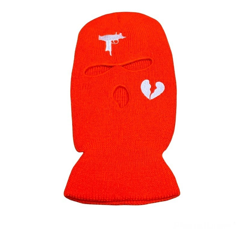 Nova máscara de esqui facial completa 3 furos boné de inverno Balaclava Uzi coração partido laranja/branco - Imagem 2 de 4