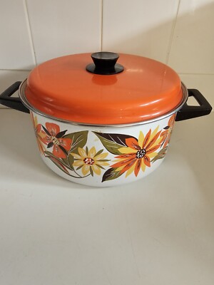 Emaille Vintage Floral Dutch Oven Deckel Floral Orange Design '' Film Requisite Display''