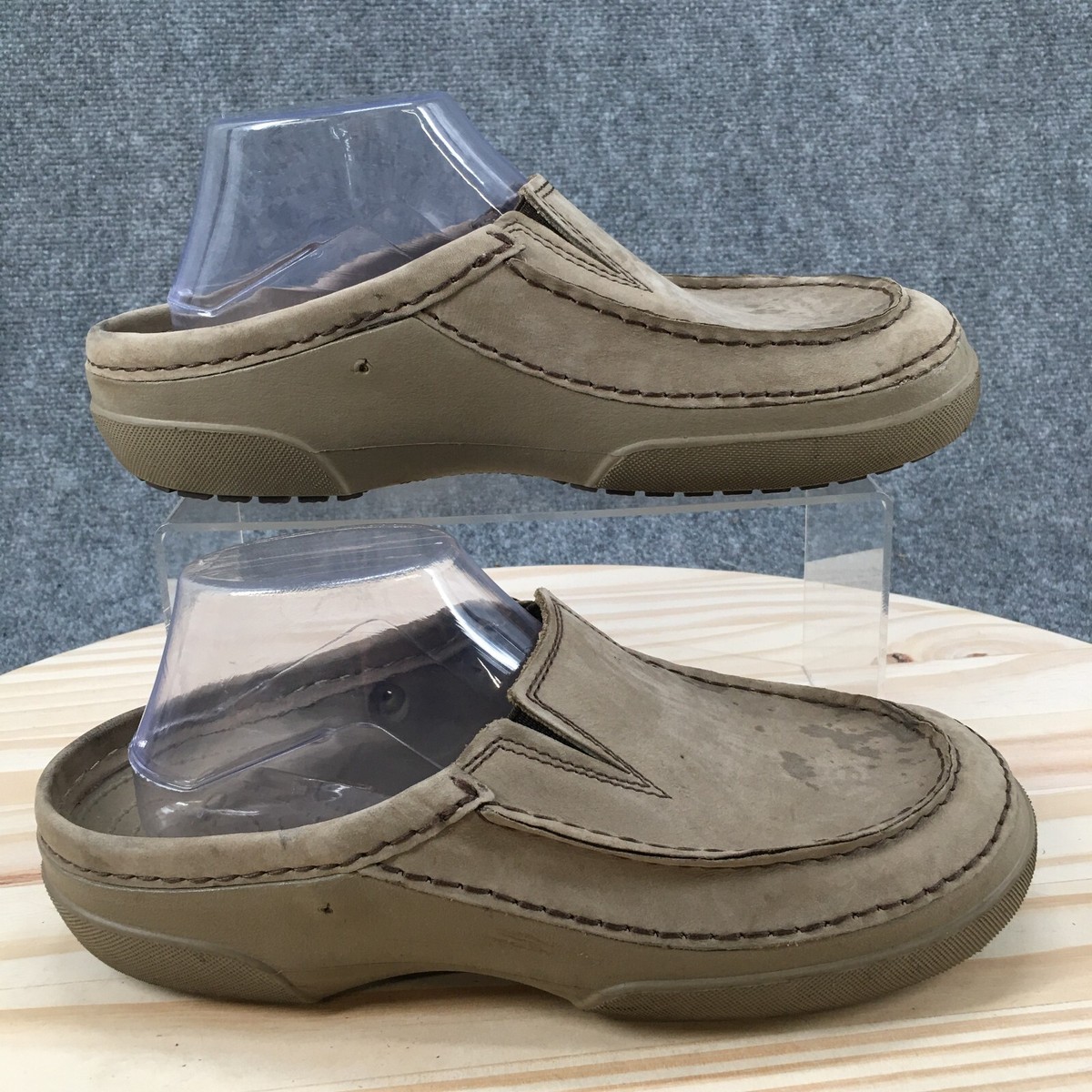 Crocs Shoes Mens Casual Moc Toe Mule Clogs Flats Comfort Beige Leather  Slip On