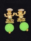 Vtg Designer Signed Les Bernard Green Beaded Gold Tone Frog Clip On Earrings