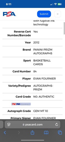 2012-13 Panini Prizm Silver Evan Fournier #84 Rookie RC Auth Auto PSA 10 Pop 1! - Picture 4 of 4