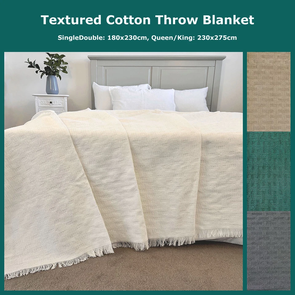 Textured Basket Weave 2-Layer Cotton Throw Blanket Woven Reversible Fringed