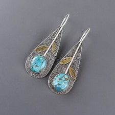 Natural Blue Copper Turquoise Gemstone 925 Silver Drop/Dangle Earrings For Women