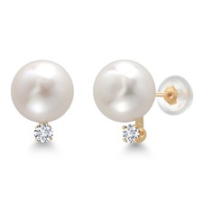 14K Yellow Gold Cultured Freshwater Pearls and Diamond Stud Earrings For Women