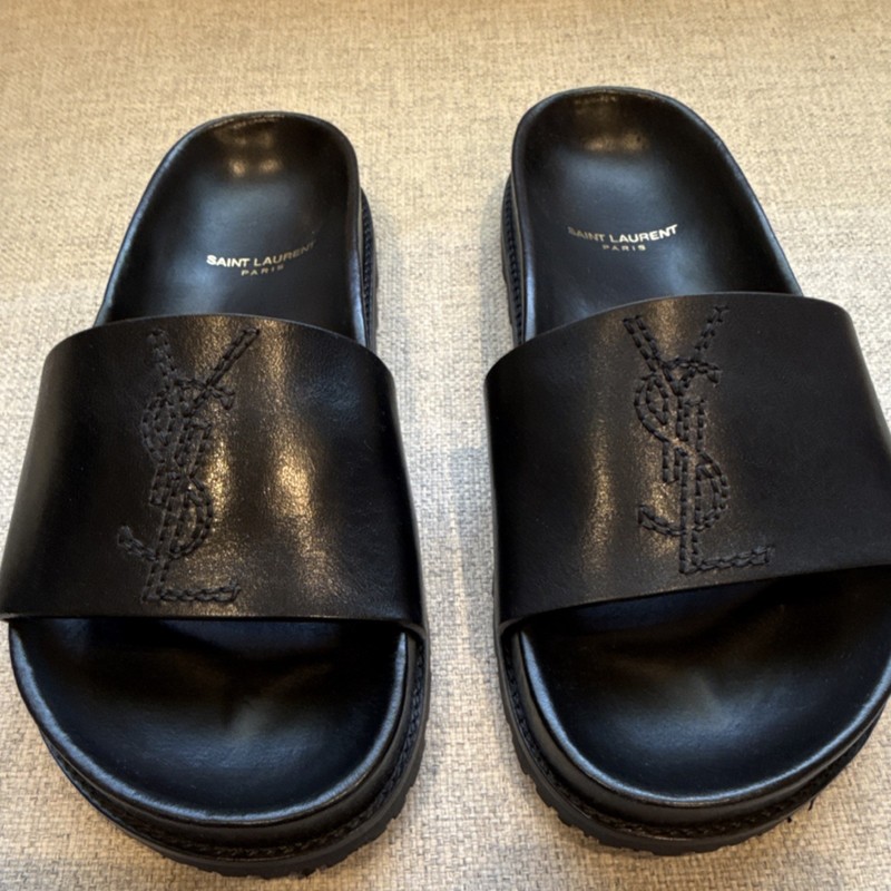New Saint Laurent Black Logo Slip On Women's Slide Sandals Leather 