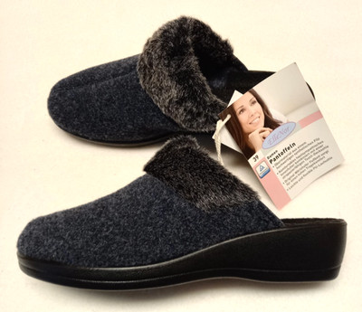 Damen Pantoffeln  ElleNor Wörishofer Fußbett  Blau Filz Fell Gr. 39