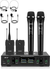 Lapel Wireless Microphone System with Headset & Lavalier Mics, 4 Channel UHF Met