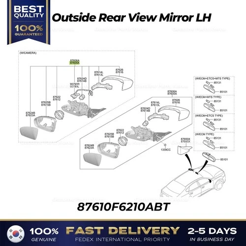 ⭐Genuine⭐ Outside Rear View Mirror LH 87610F6210ABT for Kia K7