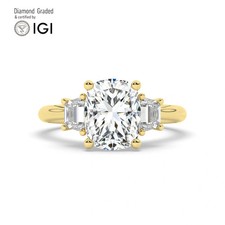 Ecushion Diamond Trilogy Ring 9k Yellow Gold Labgrown 3.70 Ct Solitaire