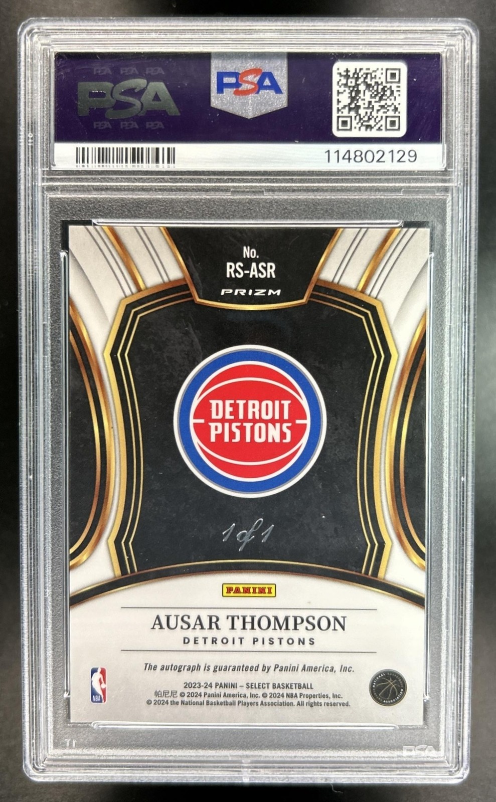 2023-24 Select Ausar Thompson Rookie Black Snake Skin Pulsar Auto #1/1 PSA 10 view 2