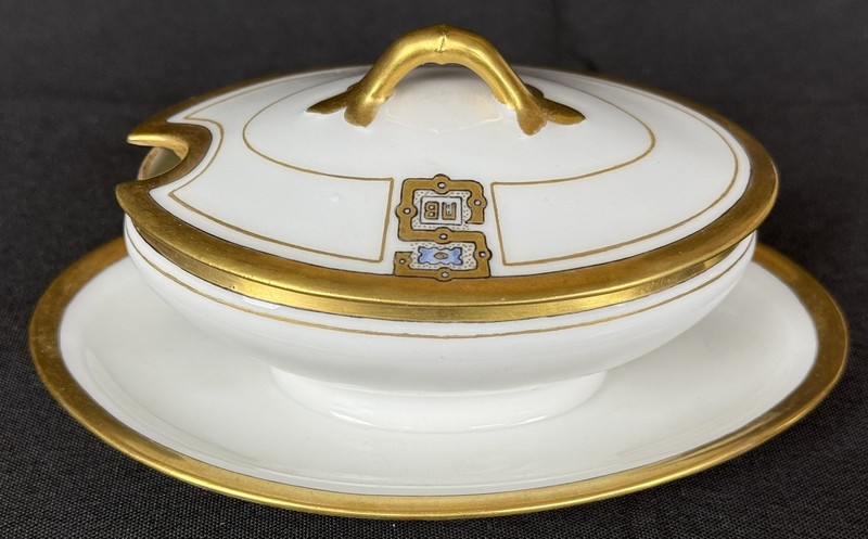 1900 Antique Haviland France Porcelain Salt / Mustard Server Fast Stand & Cover