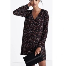 Madewell x Sezane Floral Silk Button Front Dress Medium Black Boho Parisian