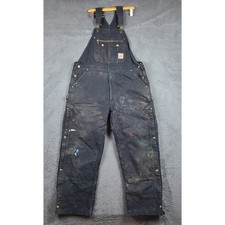 Carhartt R41-BLK Men Black Quilt Lined Duck Bib Overalls 42x30 Distressed Paint