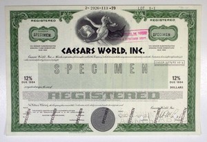 FL. Caesars World, Inc., 1979. Registered 12% Debenture Specimen Bond., XF-AU