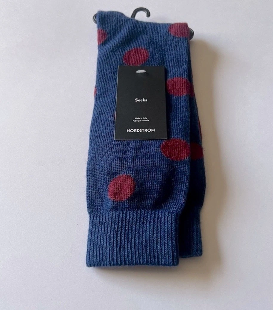 NORDSTROM MENS CASHMERE BLEND SOCKS BLUE WITH RED DOTS OS NWT