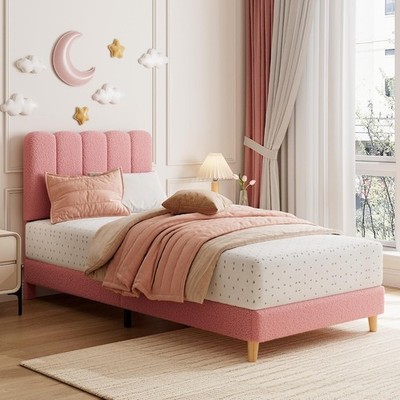 Garvee Twin Pink Boucle Upholstered Platform Bed Frame Wave Headboard Girls