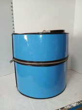 Vintage Blue PATENT Wig HAT Box Travel Case With HANDLE Round Suitcase
